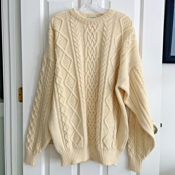 Blarney Woolen Mills Other - Blarney Woolen Mills Creme White Wool Cable Knit Chunky Sweater Men sz XXL EUC